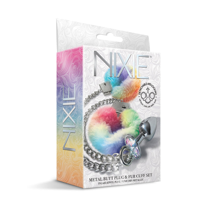 NIXIE Metal Butt Plug & Furry Handcuff Set Medium Unicorn
